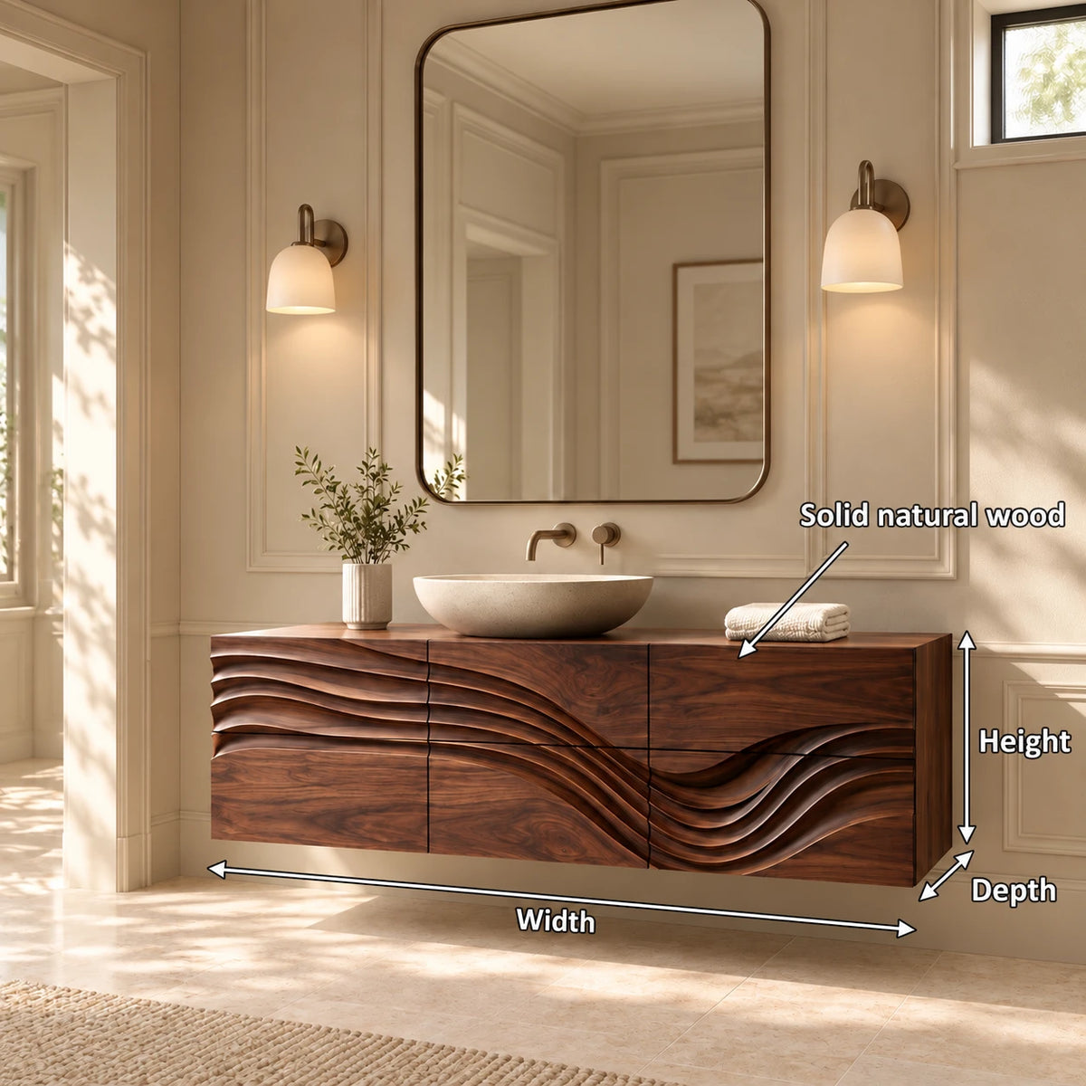 Floating Bathroom Vanity with Sink, Wave-Carved Six-Drawer Front and Round Basin - Woodenecho - 8