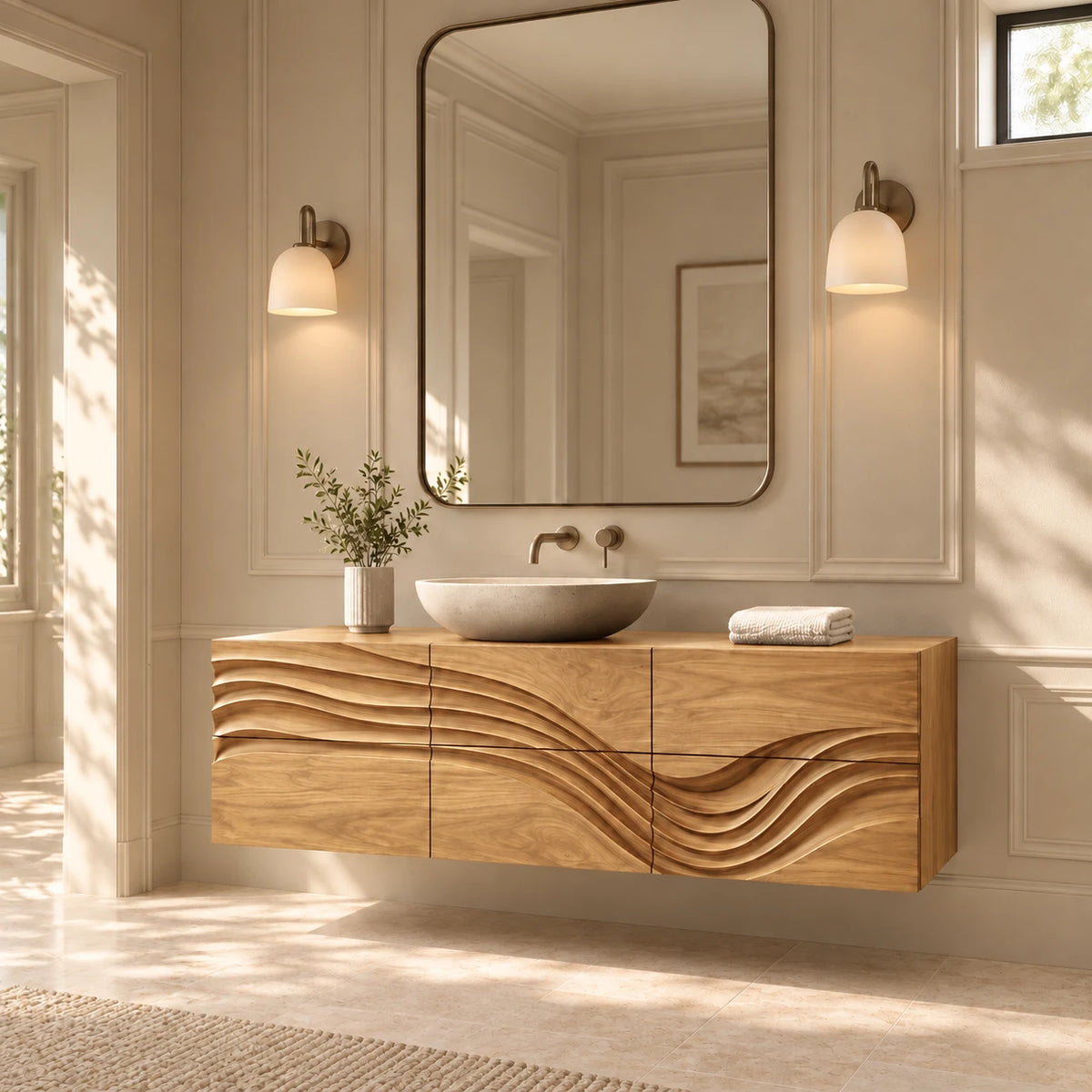 Floating Bathroom Vanity with Sink, Wave-Carved Six-Drawer Front and Round Basin - Woodenecho - 9