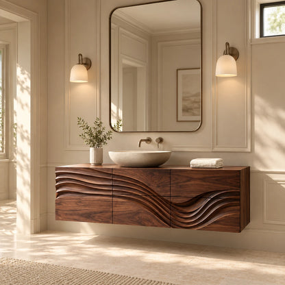 Floating Bathroom Vanity with Sink, Wave-Carved Six-Drawer Front and Round Basin - Woodenecho