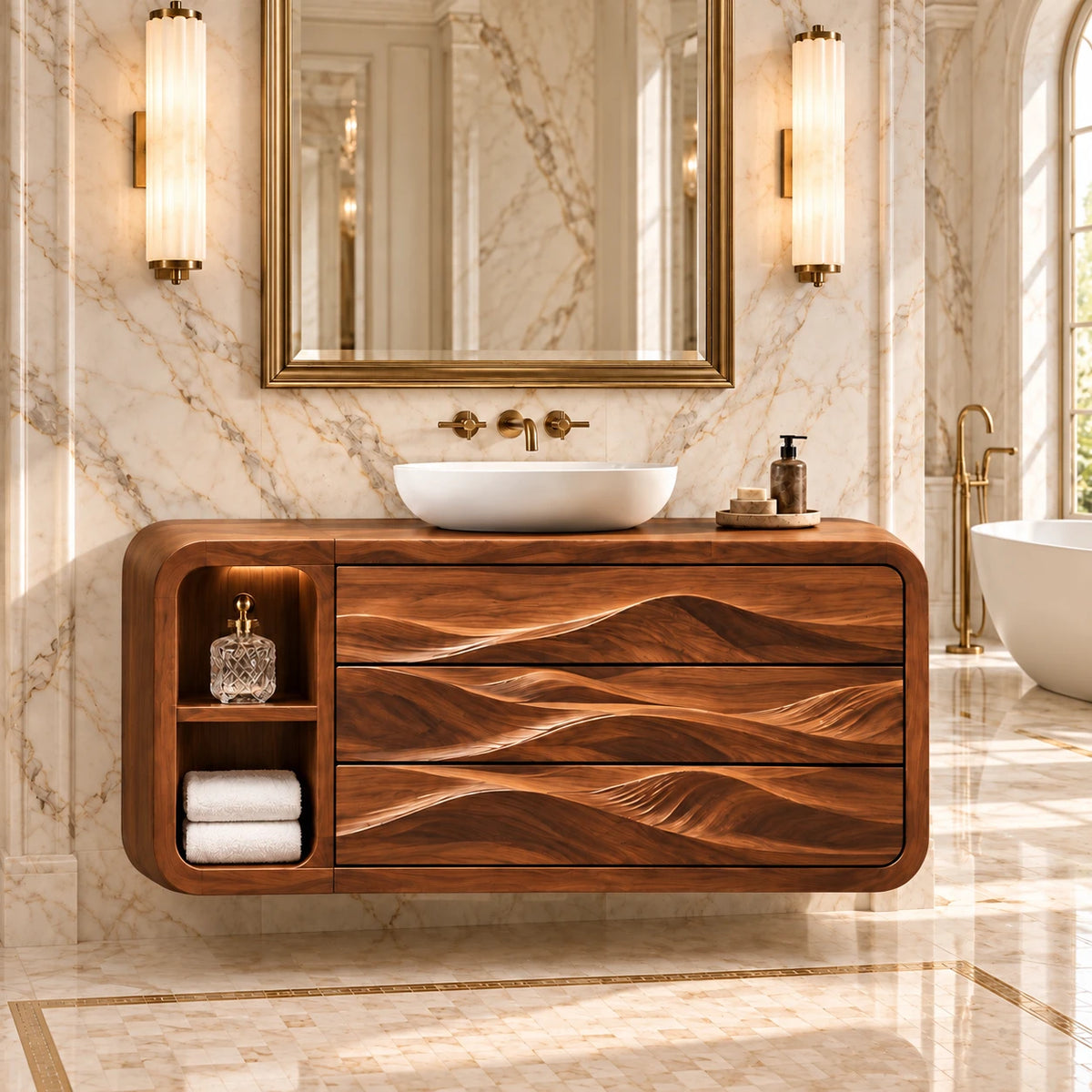Floating Bathroom Vanity with Three Dune-Carved Drawers and Twin Open End Niches - Woodenecho - 10