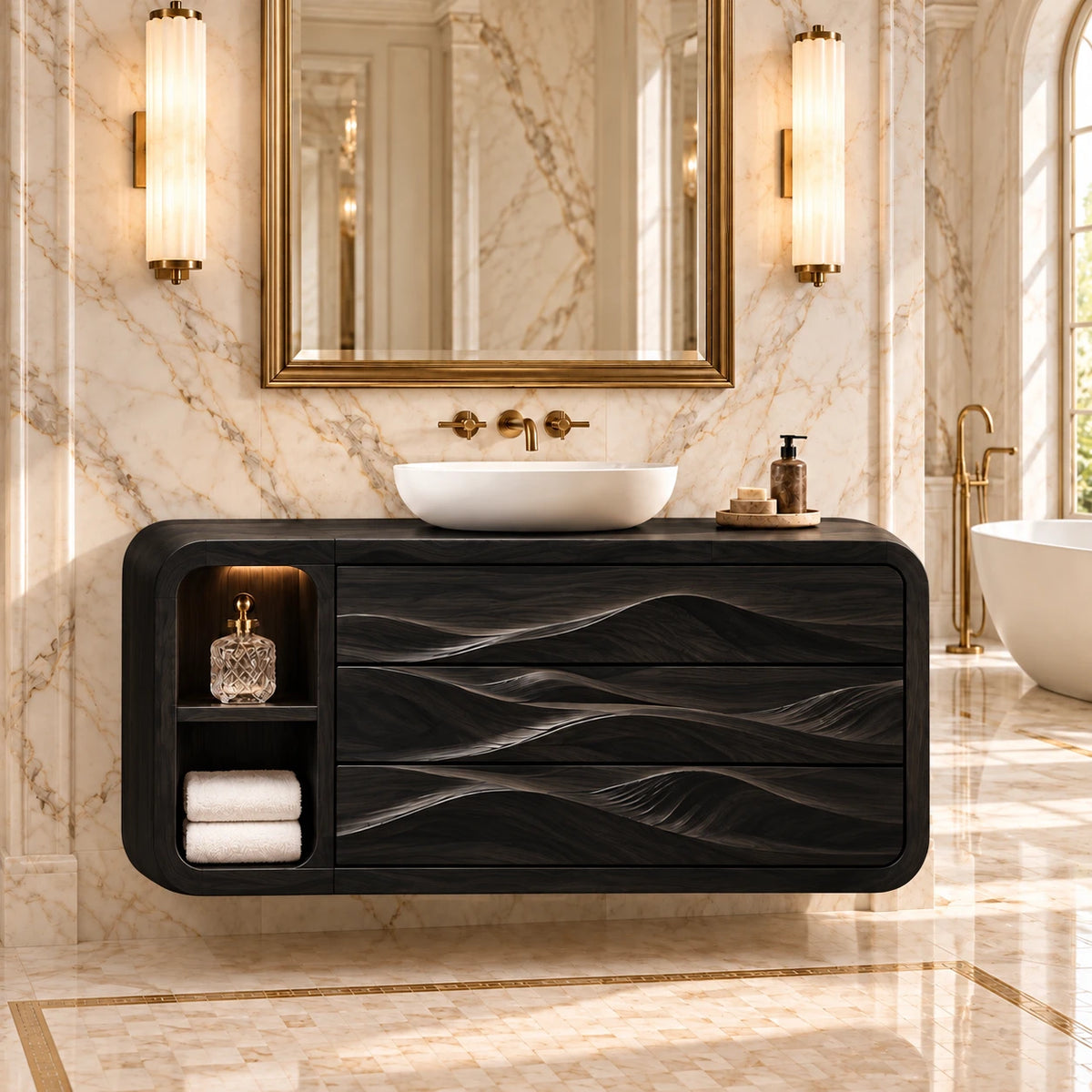 Floating Bathroom Vanity with Three Dune-Carved Drawers and Twin Open End Niches - Woodenecho - 11