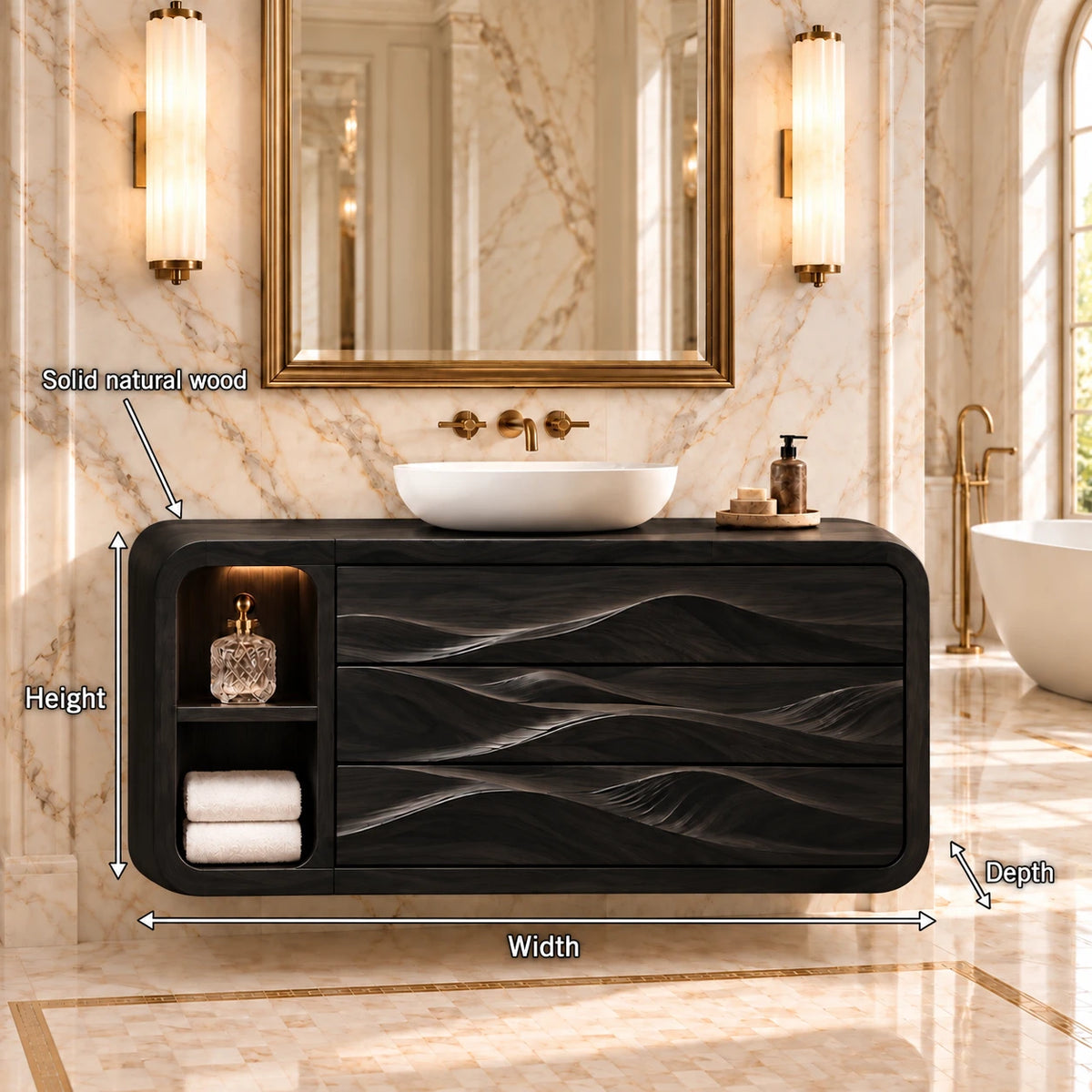 Floating Bathroom Vanity with Three Dune-Carved Drawers and Twin Open End Niches - Woodenecho - 2
