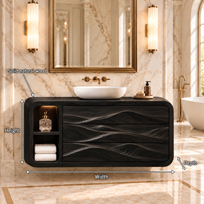 Floating Bathroom Vanity with Three Dune-Carved Drawers and Twin Open End Niches - Woodenecho - 2
