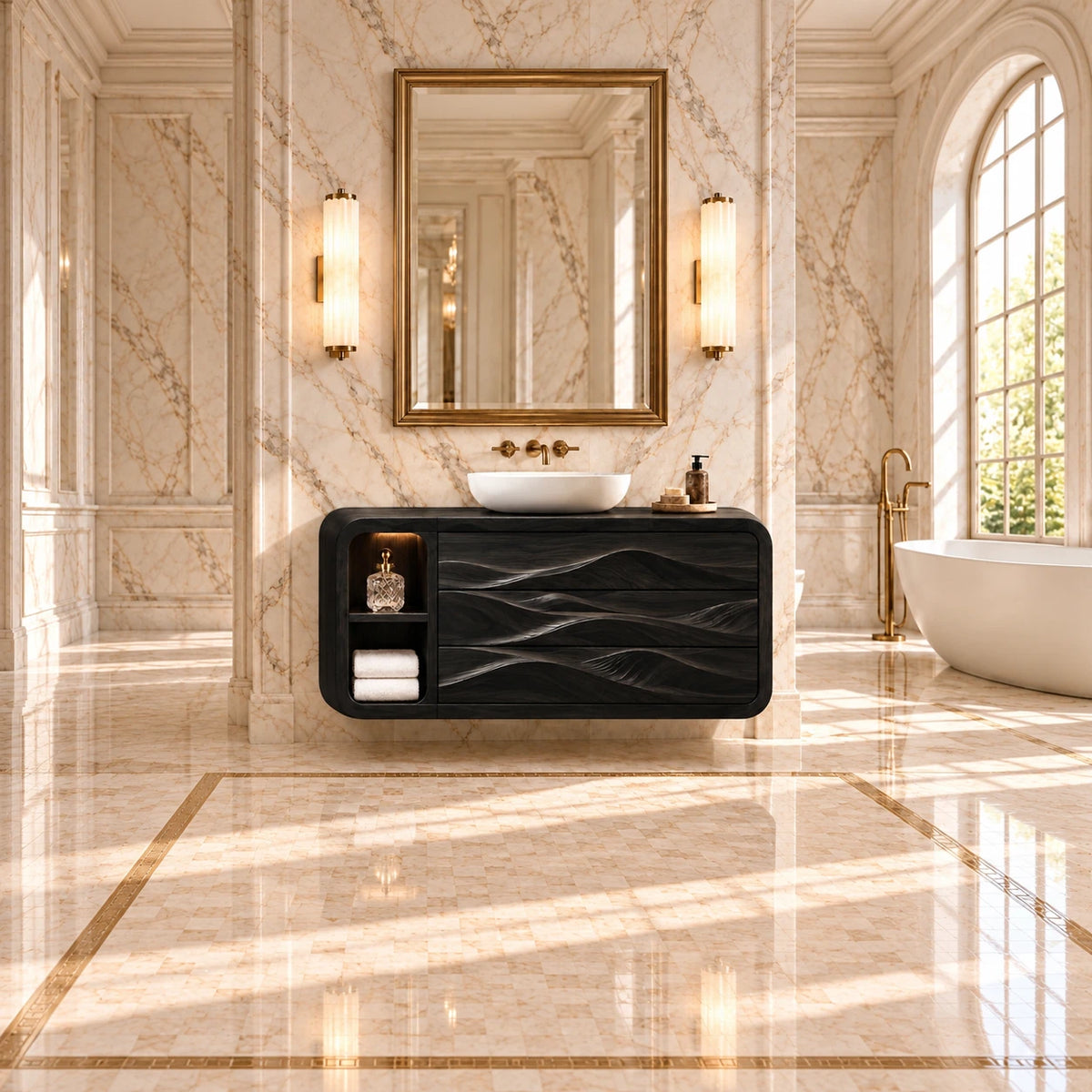 Floating Bathroom Vanity with Three Dune-Carved Drawers and Twin Open End Niches - Woodenecho - 3