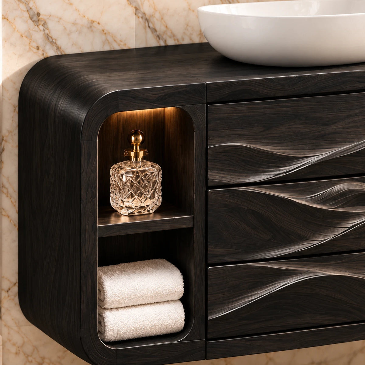 Floating Bathroom Vanity with Three Dune-Carved Drawers and Twin Open End Niches - Woodenecho - 4