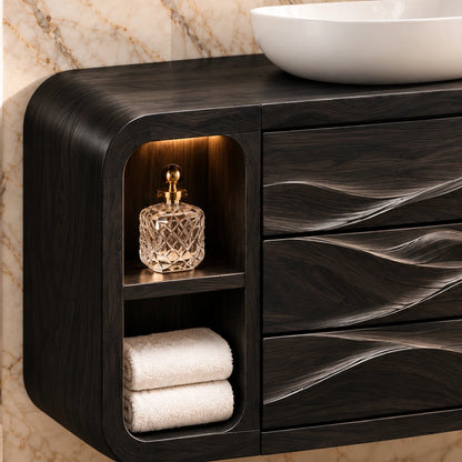 Floating Bathroom Vanity with Three Dune-Carved Drawers and Twin Open End Niches - Woodenecho - 4
