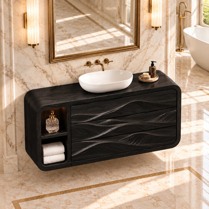 Floating Bathroom Vanity with Three Dune-Carved Drawers and Twin Open End Niches - Woodenecho - 5
