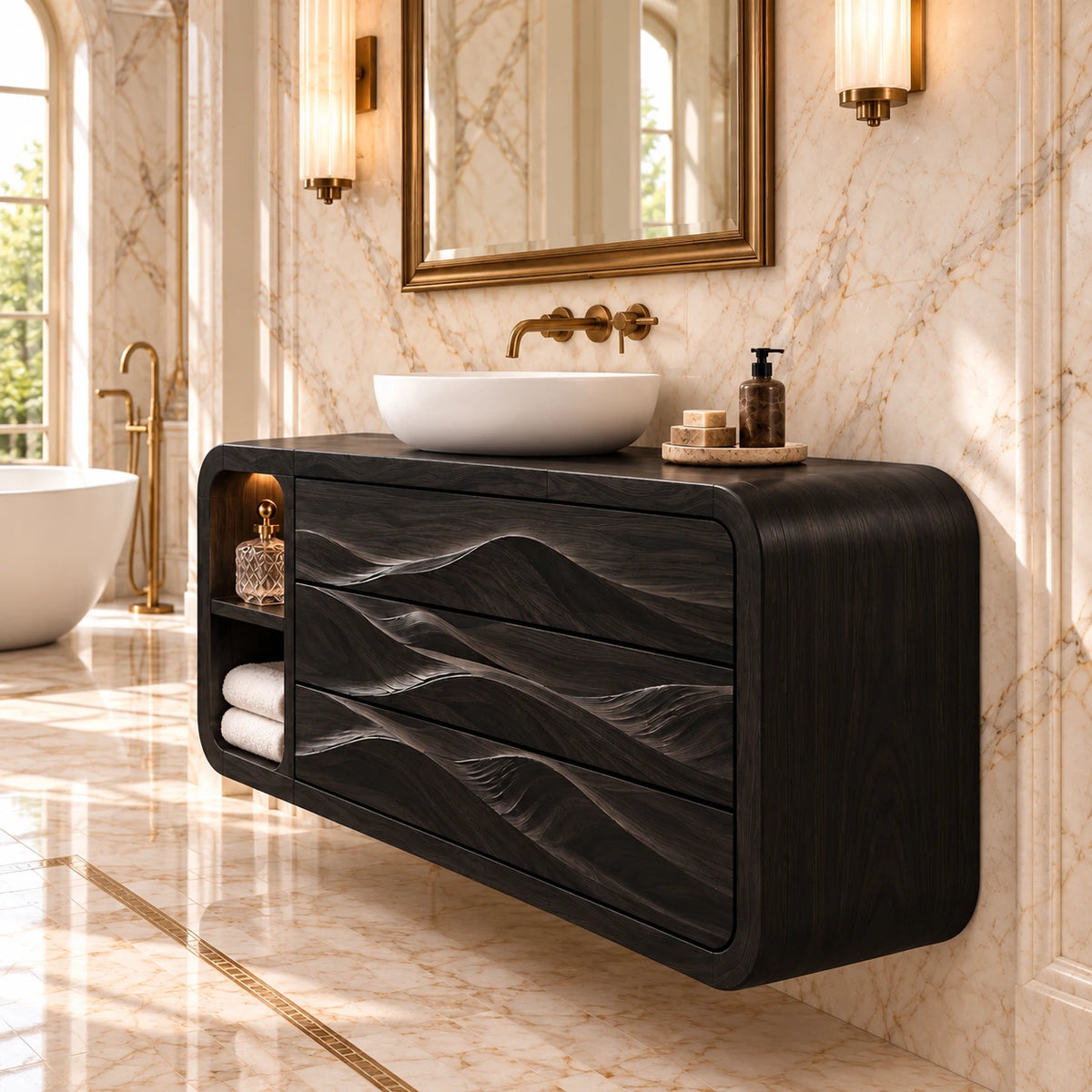 Floating Bathroom Vanity with Three Dune-Carved Drawers and Twin Open End Niches - Woodenecho - 6