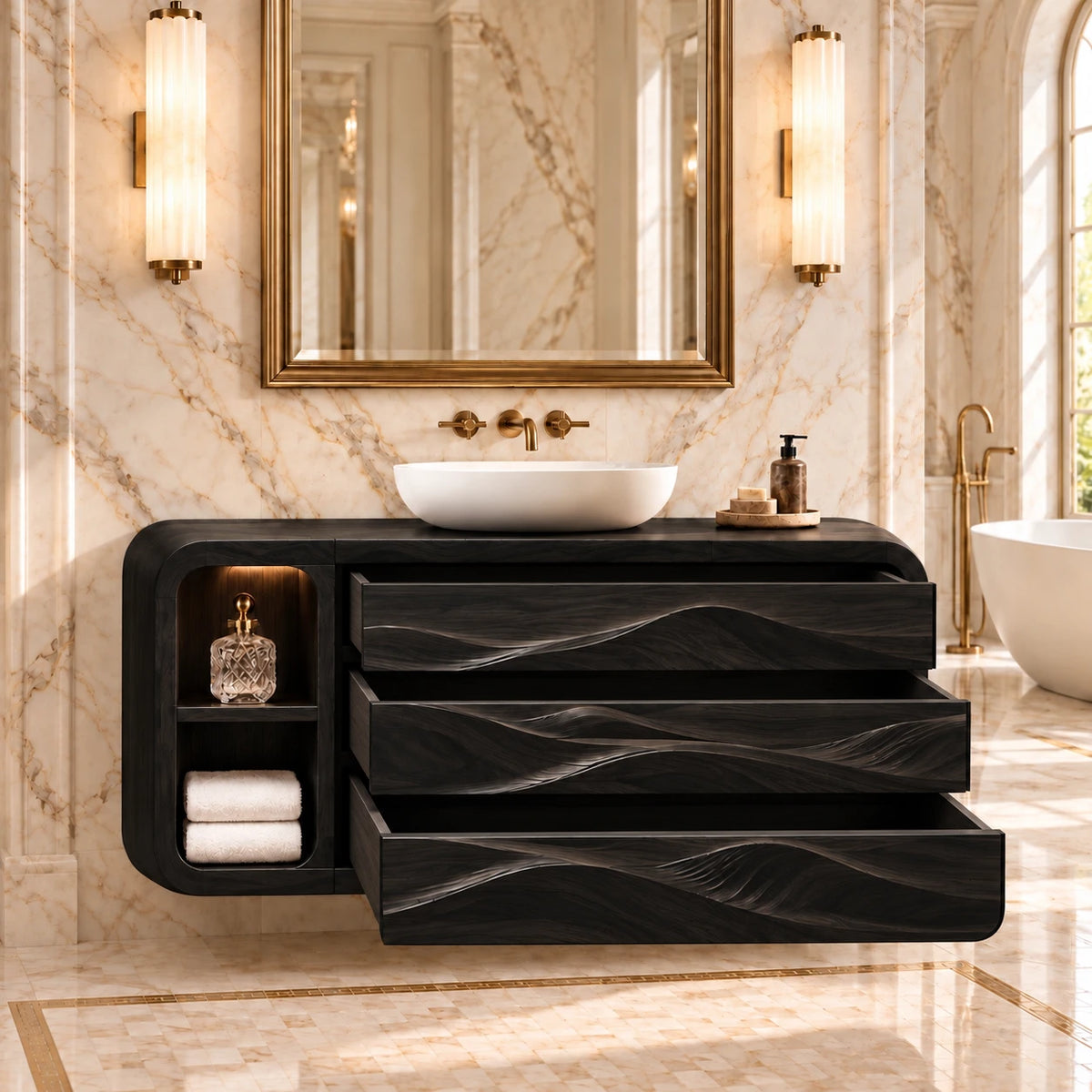 Floating Bathroom Vanity with Three Dune-Carved Drawers and Twin Open End Niches - Woodenecho - 7