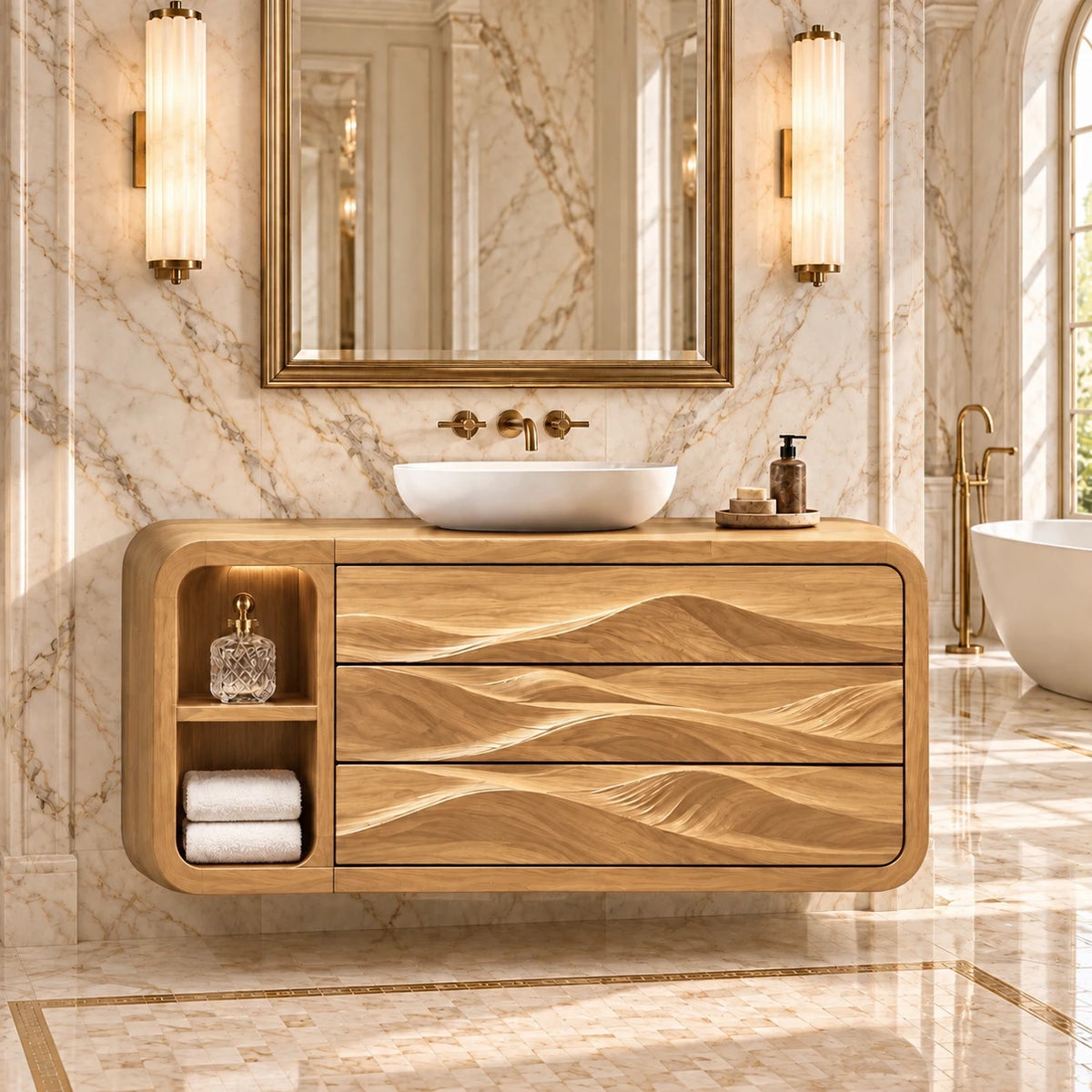 Floating Bathroom Vanity with Three Dune-Carved Drawers and Twin Open End Niches - Woodenecho - 9