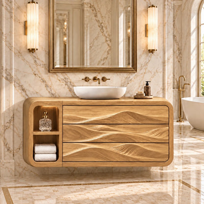Floating Bathroom Vanity with Three Dune-Carved Drawers and Twin Open End Niches - Woodenecho - 9