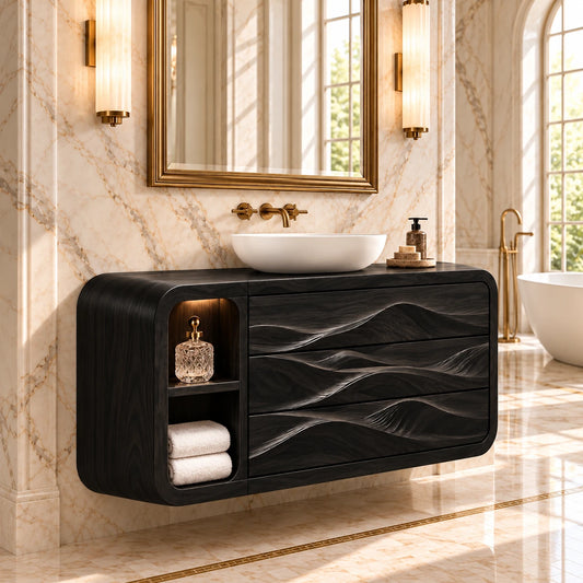 Floating Bathroom Vanity with Three Dune-Carved Drawers and Twin Open End Niches - Woodenecho