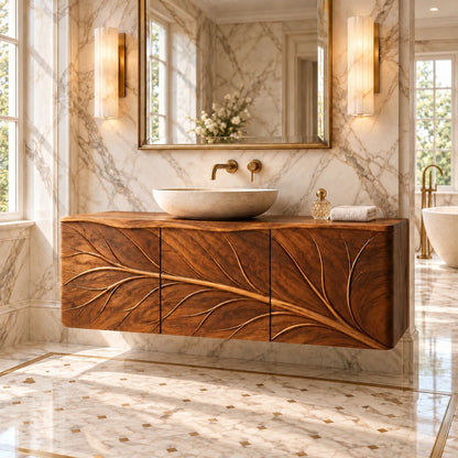 Floating Bathroom Vanity with Tree-Branch Carved Doors and Live-Edge Top - Woodenecho - 10