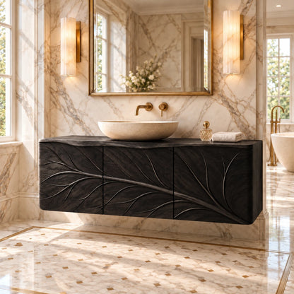 Floating Bathroom Vanity with Tree-Branch Carved Doors and Live-Edge Top - Woodenecho - 11