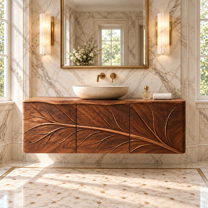 Floating Bathroom Vanity with Tree-Branch Carved Doors and Live-Edge Top - Woodenecho - 2
