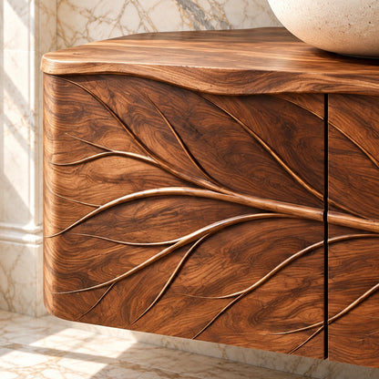 Floating Bathroom Vanity with Tree-Branch Carved Doors and Live-Edge Top - Woodenecho - 4