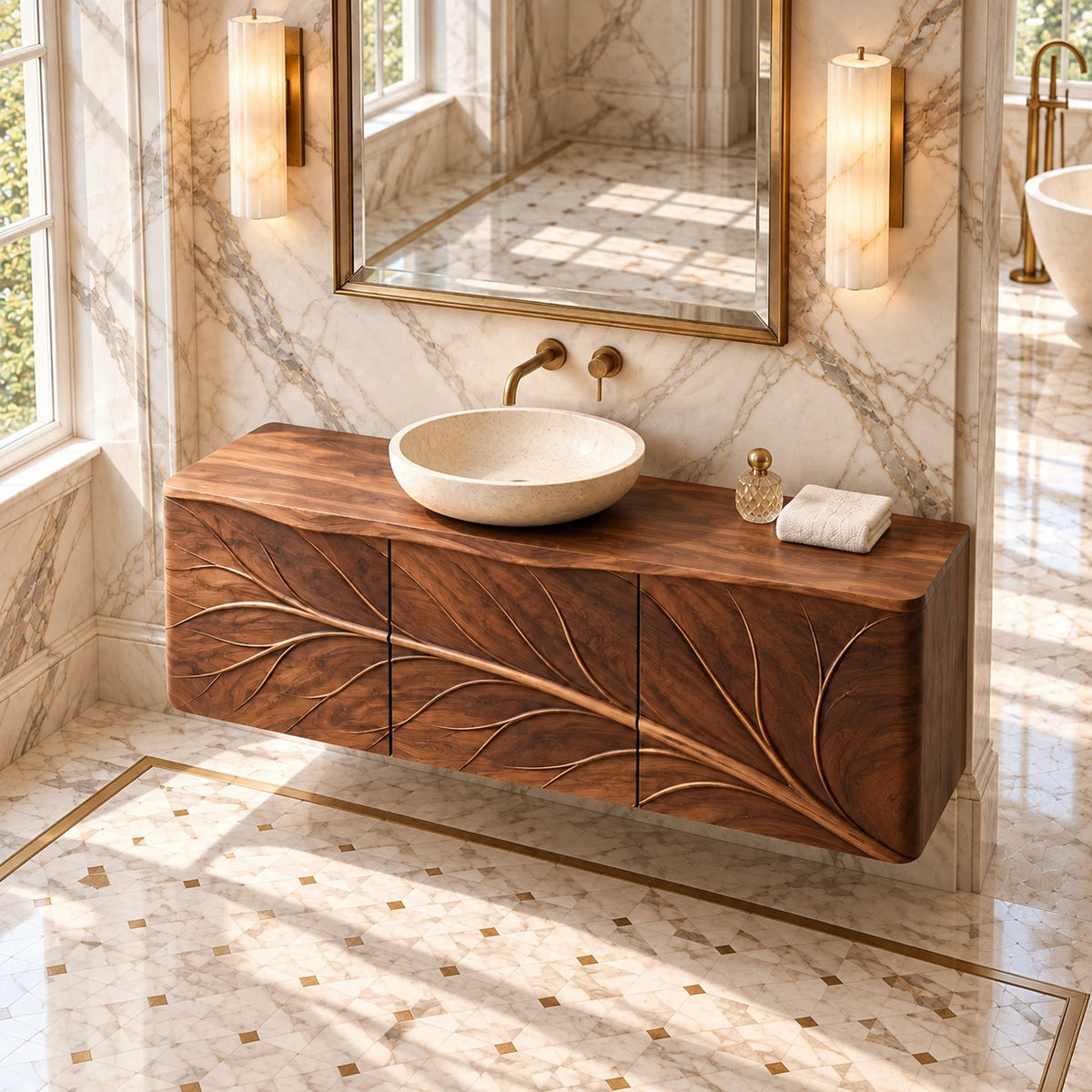 Floating Bathroom Vanity with Tree-Branch Carved Doors and Live-Edge Top - Woodenecho - 5