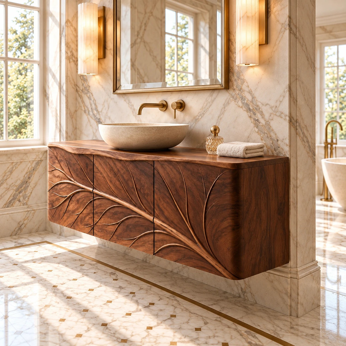 Floating Bathroom Vanity with Tree-Branch Carved Doors and Live-Edge Top - Woodenecho - 6