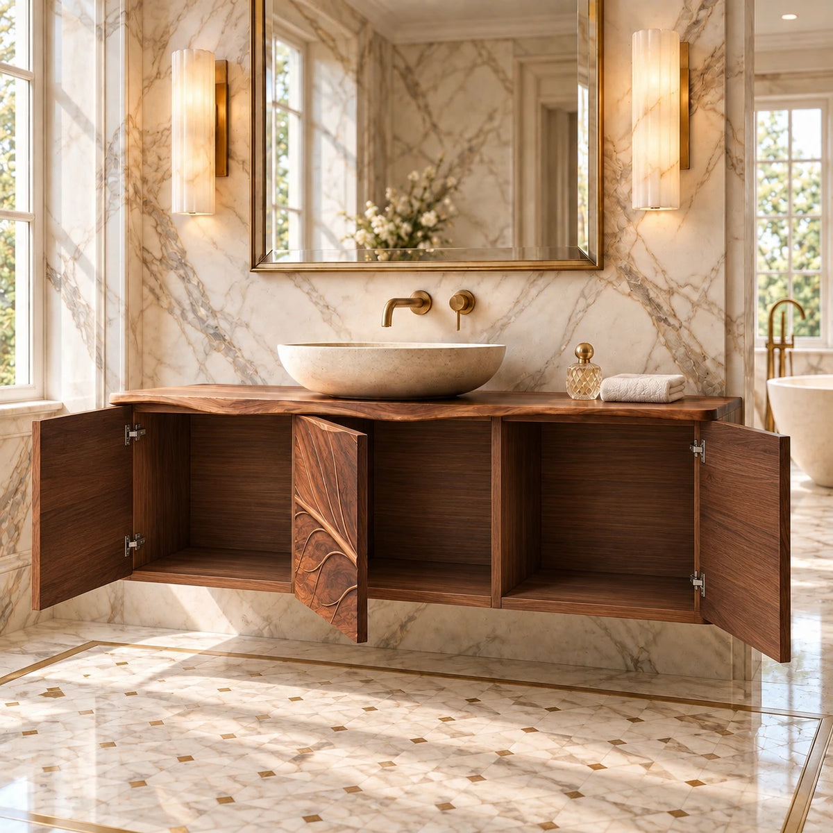 Floating Bathroom Vanity with Tree-Branch Carved Doors and Live-Edge Top - Woodenecho - 7