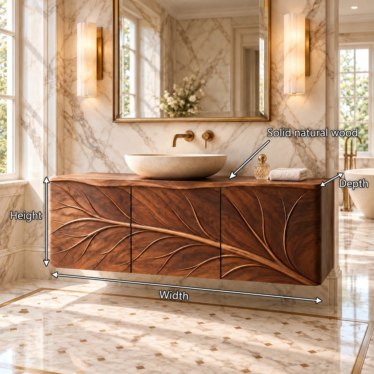 Floating Bathroom Vanity with Tree-Branch Carved Doors and Live-Edge Top - Woodenecho - 8