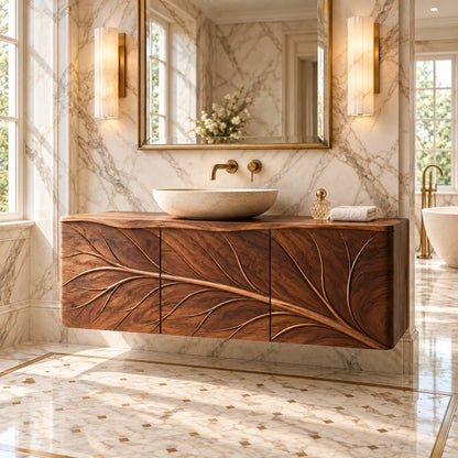 Floating Bathroom Vanity with Tree-Branch Carved Doors and Live-Edge Top - Woodenecho