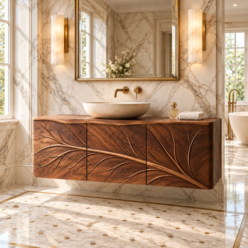 Floating Bathroom Vanity with Tree-Branch Carved Doors and Live-Edge Top - Woodenecho