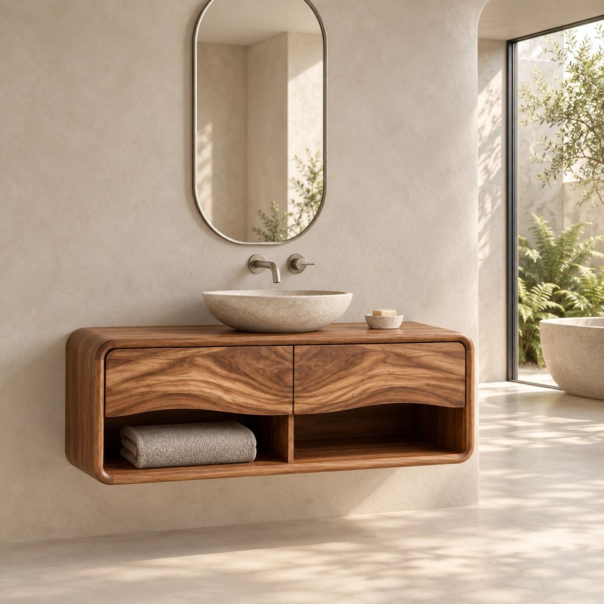 Floating Bathroom Vanity with Wave-Carved Drawers in Natural Solid Wood - Woodenecho - 1