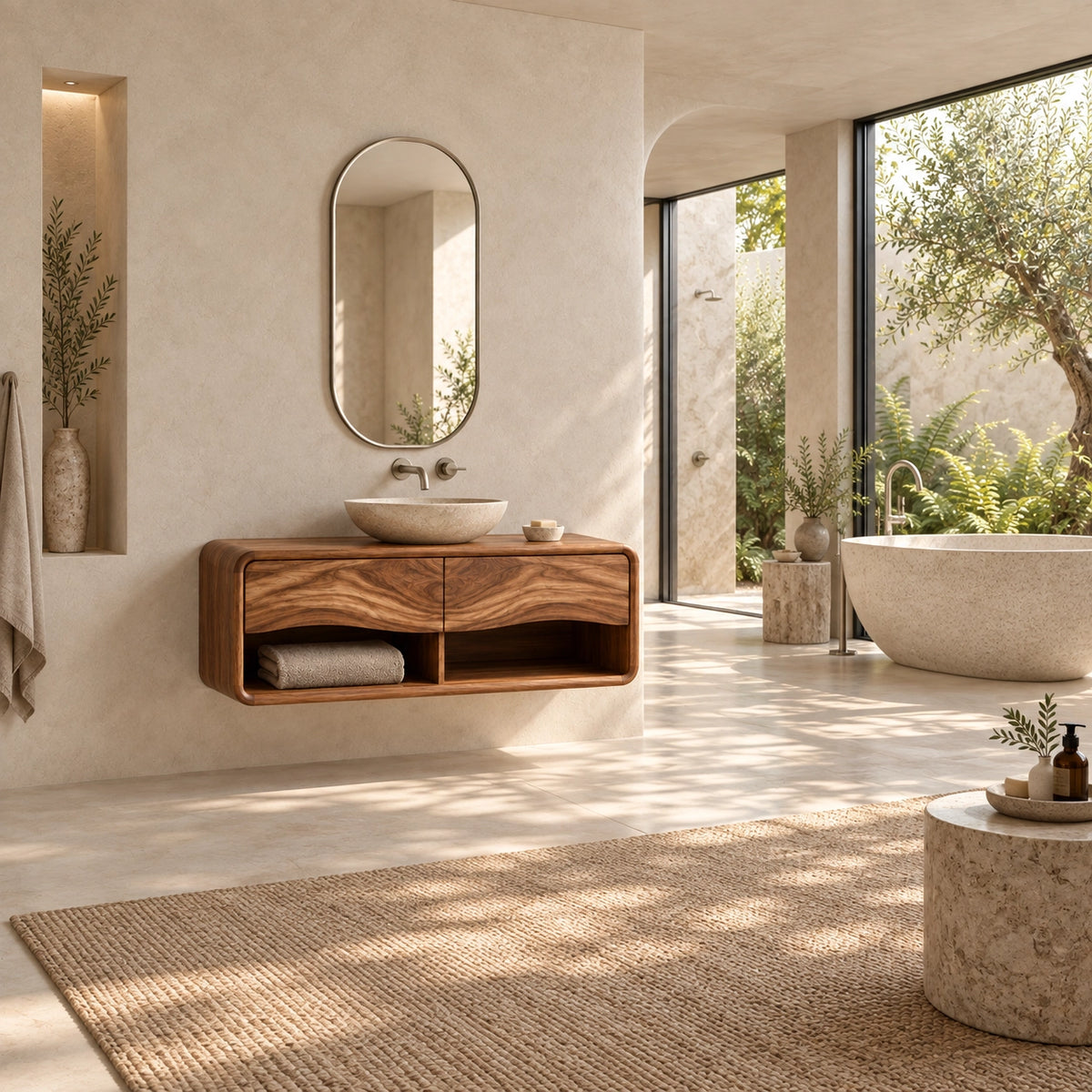 Floating Bathroom Vanity with Wave-Carved Drawers in Natural Solid Wood - Woodenecho - 2