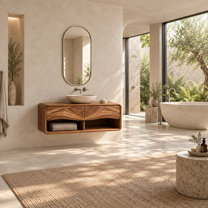 Floating Bathroom Vanity with Wave-Carved Drawers in Natural Solid Wood - Woodenecho - 2