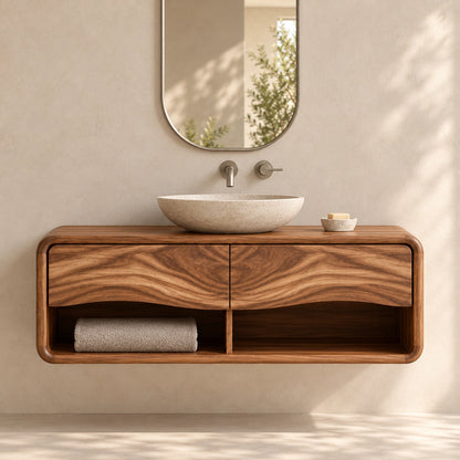 Floating Bathroom Vanity with Wave-Carved Drawers in Natural Solid Wood - Woodenecho - 3