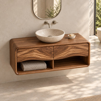 Floating Bathroom Vanity with Wave-Carved Drawers in Natural Solid Wood - Woodenecho - 4