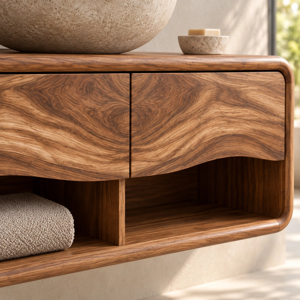 Floating Bathroom Vanity with Wave-Carved Drawers in Natural Solid Wood - Woodenecho - 5