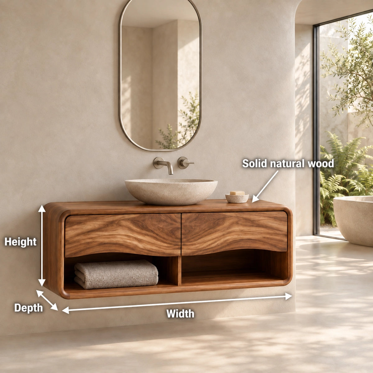 Floating Bathroom Vanity with Wave-Carved Drawers in Natural Solid Wood - Woodenecho - 6