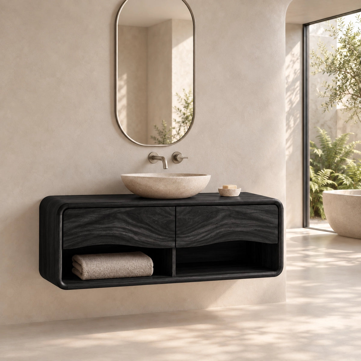 Floating Bathroom Vanity with Wave-Carved Drawers in Natural Solid Wood - Woodenecho - 7