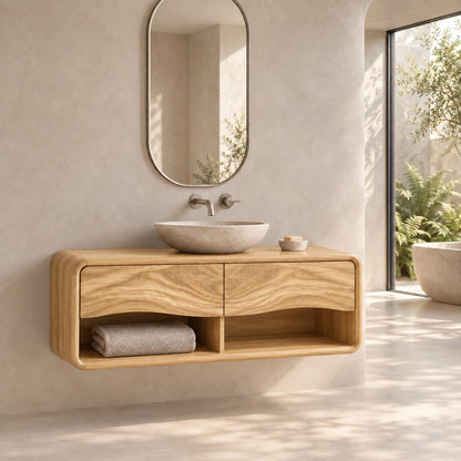 Floating Bathroom Vanity with Wave-Carved Drawers in Natural Solid Wood - Woodenecho - 8