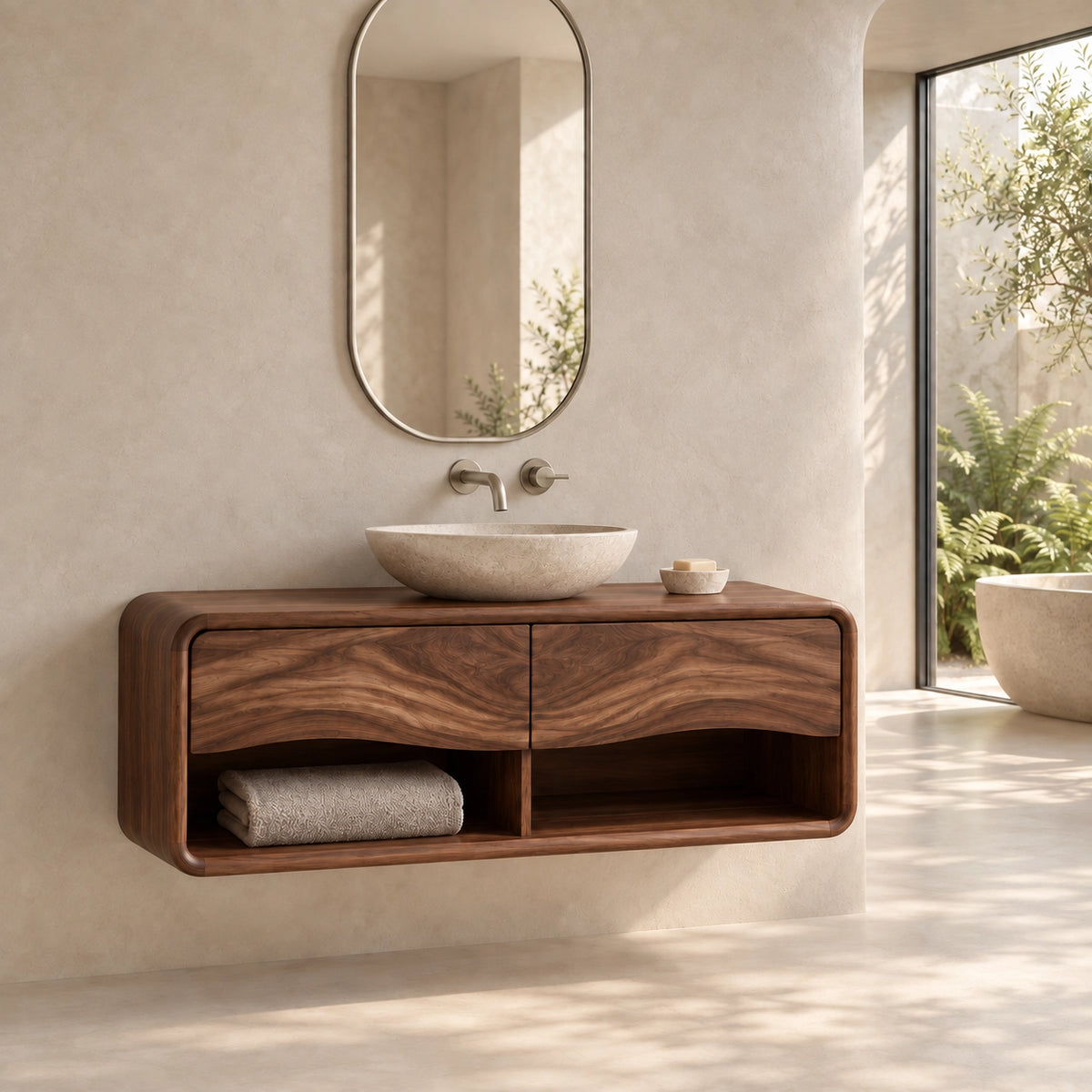 Floating Bathroom Vanity with Wave-Carved Drawers in Natural Solid Wood - Woodenecho - 9