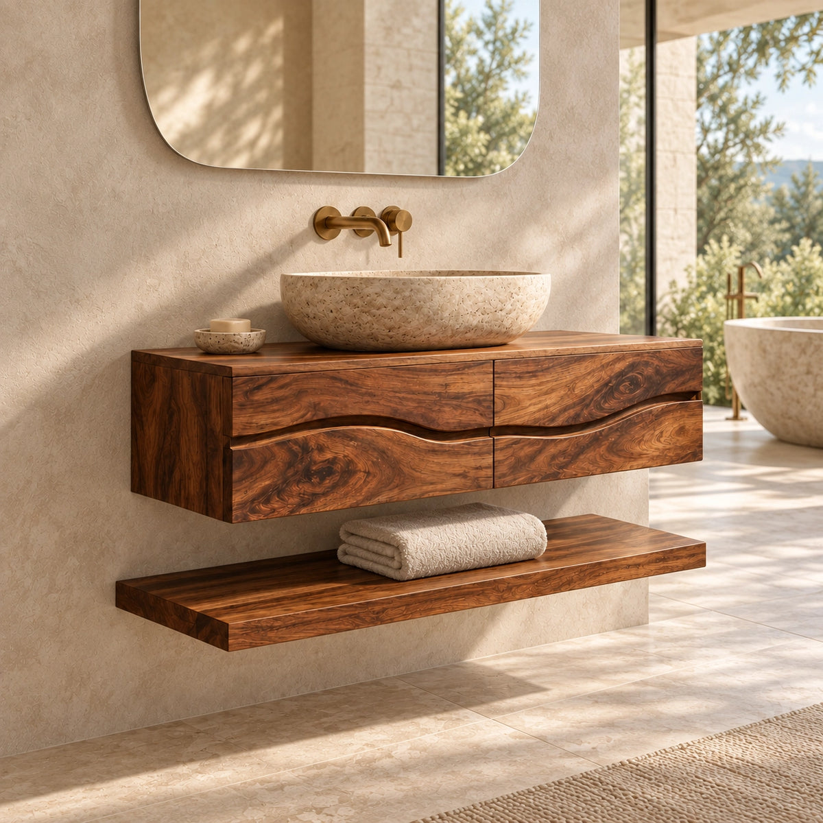 Floating Bathroom Vanity with Wave-Curved Drawers in Natural Solid Wood - Woodenecho - 1