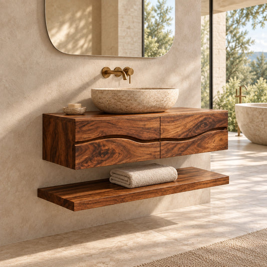 Floating Bathroom Vanity with Wave-Curved Drawers in Natural Solid Wood - Woodenecho - 1