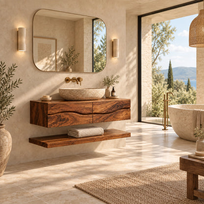 Floating Bathroom Vanity with Wave-Curved Drawers in Natural Solid Wood - Woodenecho - 2