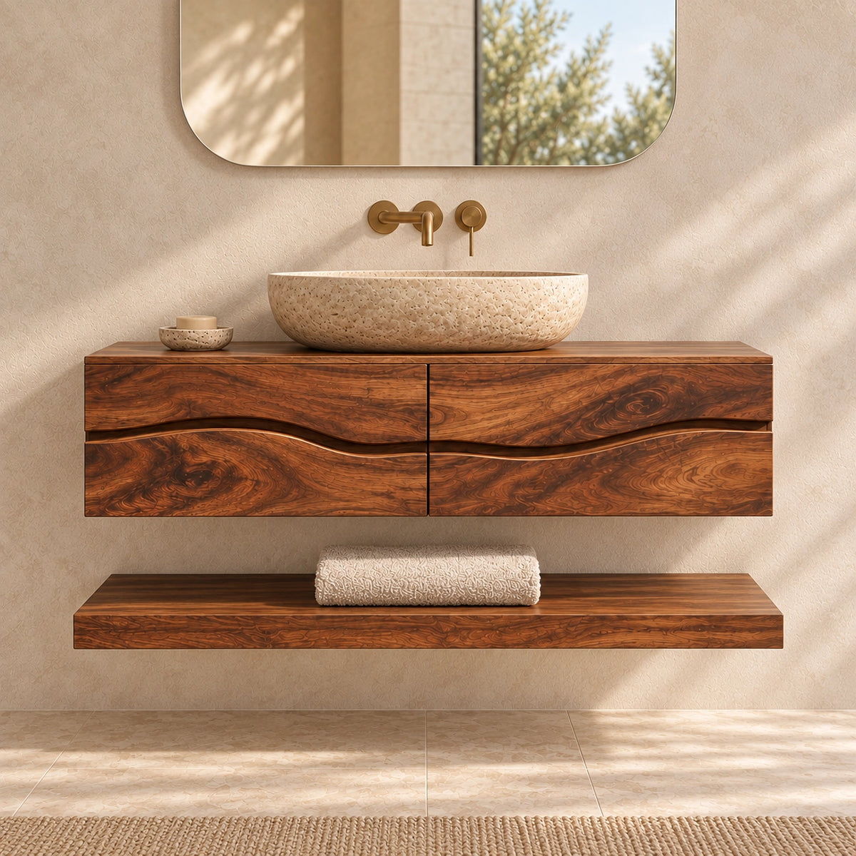Floating Bathroom Vanity with Wave-Curved Drawers in Natural Solid Wood - Woodenecho - 3