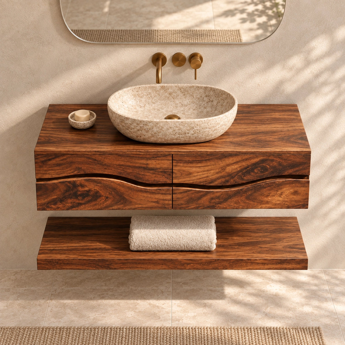 Floating Bathroom Vanity with Wave-Curved Drawers in Natural Solid Wood - Woodenecho - 4