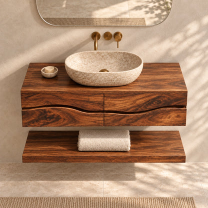 Floating Bathroom Vanity with Wave-Curved Drawers in Natural Solid Wood - Woodenecho - 4