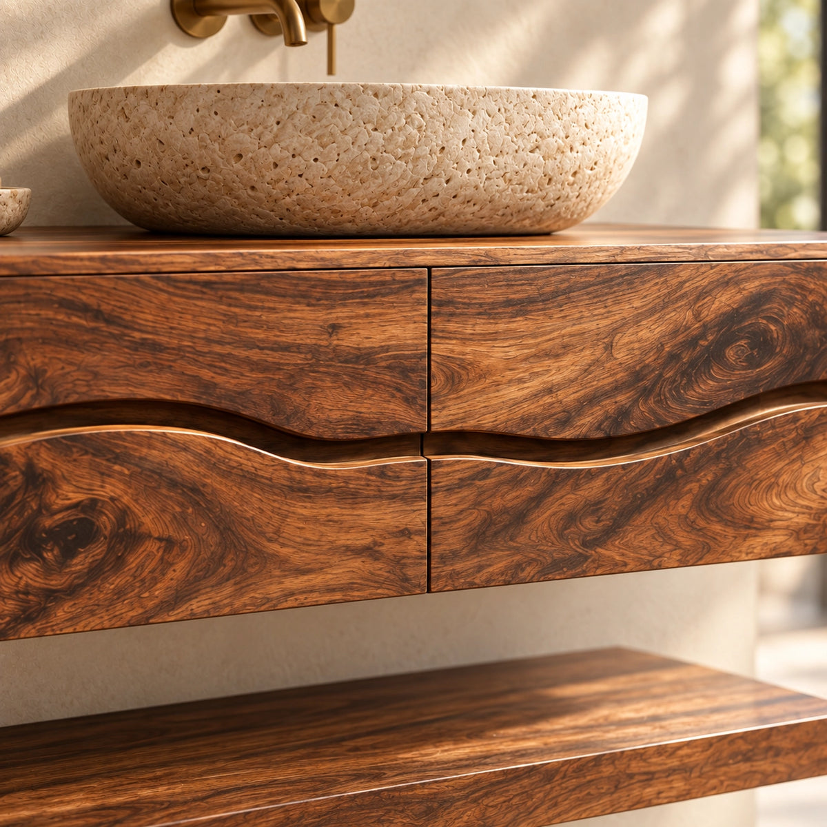 Floating Bathroom Vanity with Wave-Curved Drawers in Natural Solid Wood - Woodenecho - 5