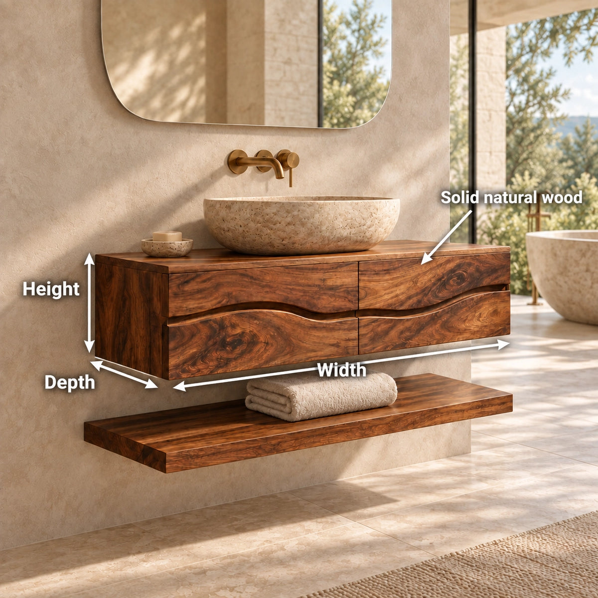 Floating Bathroom Vanity with Wave-Curved Drawers in Natural Solid Wood - Woodenecho - 6