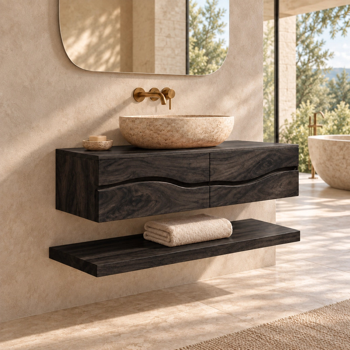 Floating Bathroom Vanity with Wave-Curved Drawers in Natural Solid Wood - Woodenecho - 7
