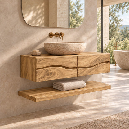 Floating Bathroom Vanity with Wave-Curved Drawers in Natural Solid Wood - Woodenecho - 8