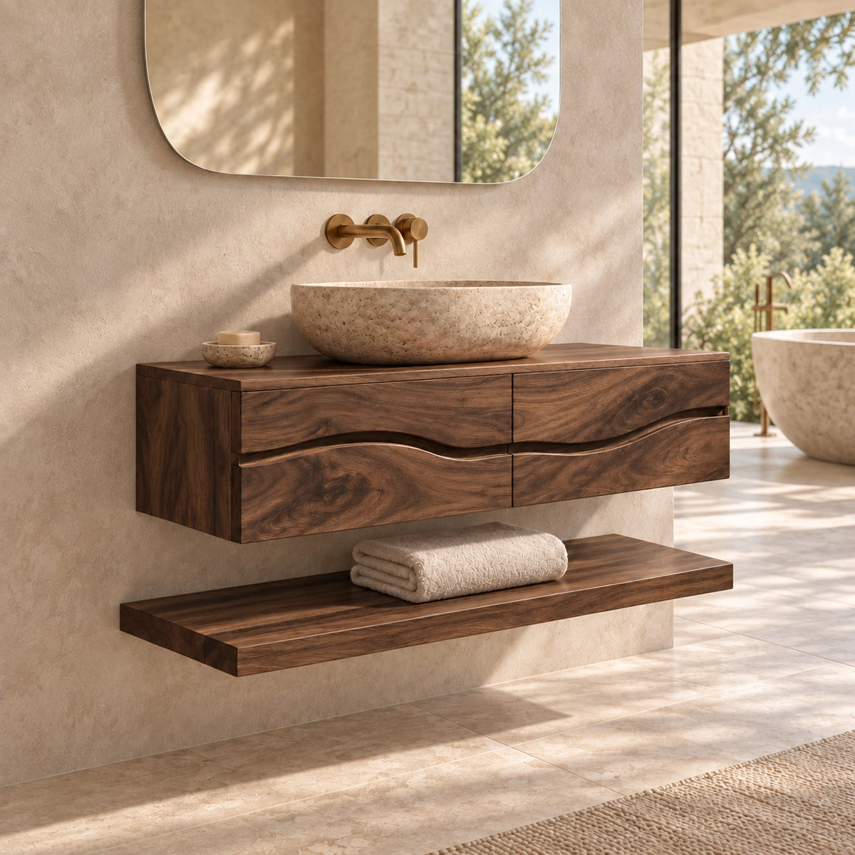 Floating Bathroom Vanity with Wave-Curved Drawers in Natural Solid Wood - Woodenecho - 9