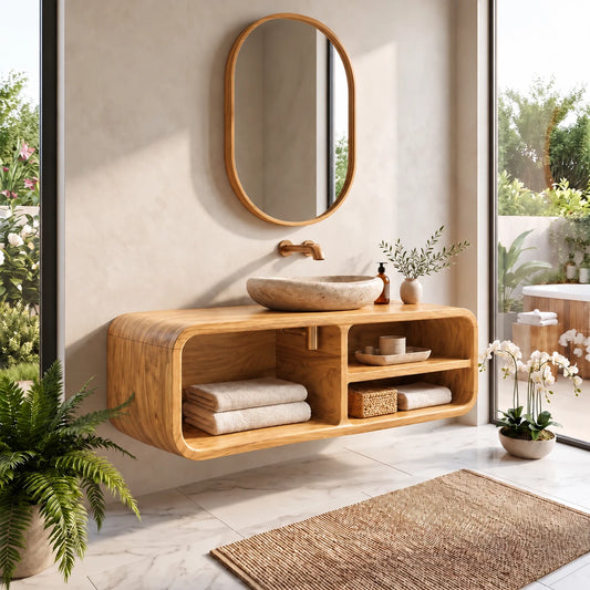 Floating Natural Wood Bathroom Vanity, Rounded Body with Vessel Basin and Niches - Woodenecho