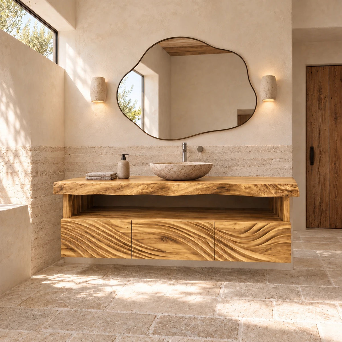 Floating Natural Wood Bathroom Vanity with Wave-Carved Drawers and Live-Edge Top - Woodenecho - 10