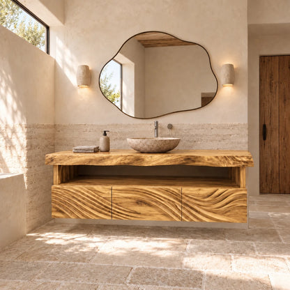 Floating Natural Wood Bathroom Vanity with Wave-Carved Drawers and Live-Edge Top - Woodenecho - 10